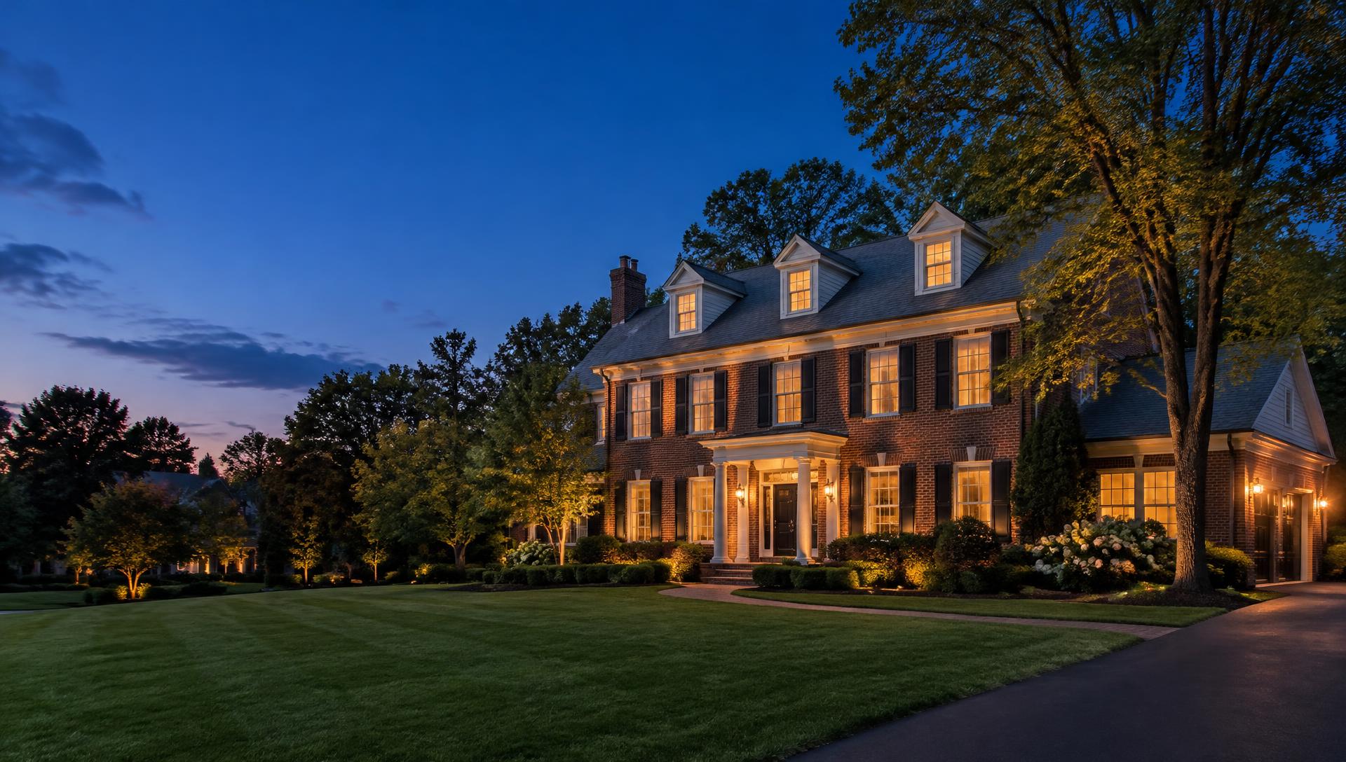 Elegant brick colonial home in a Maryland neighborhood at dusk